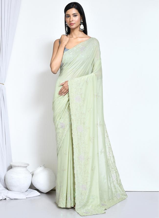 Crepe Silk Green Wedding Wear Embroidery Work Saree
